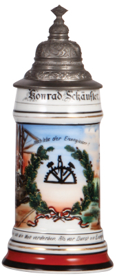 Porcelain stein, .5L, transfer & hand-painted, Occupational Eisengiesser [Iron Caster], pewter lid, rare, pewter strap repaired, flake top rim. From the Etheridge Collection.  