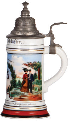 Porcelain stein, .5L, transfer & hand-painted, Occupational Eisengiesser [Iron Caster], pewter lid, rare, pewter strap repaired, flake top rim. From the Etheridge Collection.   - 2