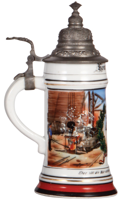 Porcelain stein, .5L, transfer & hand-painted, Occupational Eisengiesser [Iron Caster], pewter lid, rare, pewter strap repaired, flake top rim. From the Etheridge Collection.   - 3