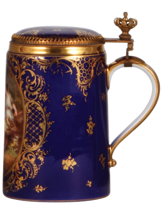 Porcelain stein, .5L, 6.6" ht., hand-painted, marked with beehive, Royal Vienna type, Jupiter & Culista, porcelain inlaid lid, mint. - 2