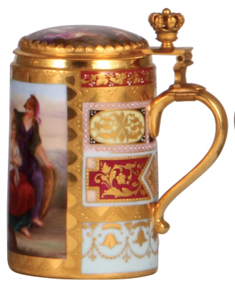 Porcelain stein, .25L, 5.3" ht., handpainted, marked with beehive, Royal Vienna type, Urtheil des Paris, inlaid lid with scenes inside & outside, mint. - 2