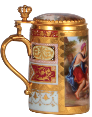 Porcelain stein, .25L, 5.3" ht., handpainted, marked with beehive, Royal Vienna type, Urtheil des Paris, inlaid lid with scenes inside & outside, mint. - 3