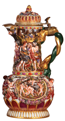 Porcelain stein, 4.0L, 18.0" ht., hand-painted & relief, marked N with crown, Capo-di-Monte, porcelain lid, very good condition.