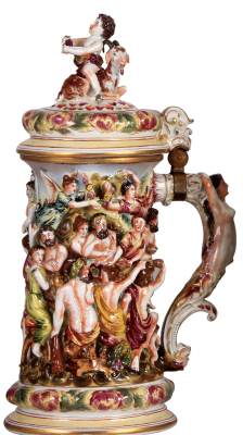 Porcelain stein, 3.0L, 16.5" ht., hand-painted & relief, marked N with crown, Capo-di-Monte, porcelain lid with large finial, a couple of small flakes.