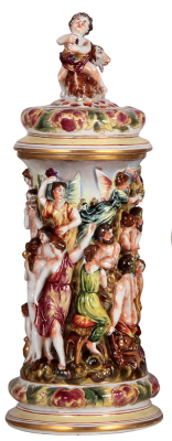 Porcelain stein, 3.0L, 16.5" ht., hand-painted & relief, marked N with crown, Capo-di-Monte, porcelain lid with large finial, a couple of small flakes. - 2