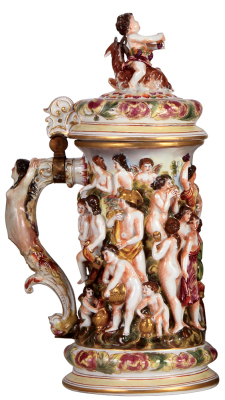 Porcelain stein, 3.0L, 16.5" ht., hand-painted & relief, marked N with crown, Capo-di-Monte, porcelain lid with large finial, a couple of small flakes. - 3