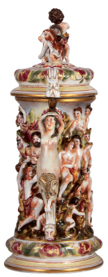 Porcelain stein, 3.0L, 16.5" ht., hand-painted & relief, marked N with crown, Capo-di-Monte, porcelain lid with large finial, a couple of small flakes. - 4