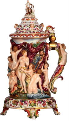 Porcelain stein, 3.0L, 17.5" ht., hand-painted & relief, marked N with crown, Capo-di-Monte, porcelain lid, man on chair portion of finial is old replacement with repair, small chips.
