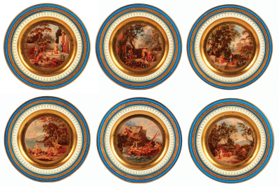 Six porcelain plates, 10.1” d., transfer and hand–painted, marked with beehive, Royal Vienna, Odysseus and Kirke, Odysseus and Nausikao, Odysseus and Hermes, Odysseus and Kyklope, Odysseus and Telemachos, Odysseus and Kalypso, a little gold wear, otherwis