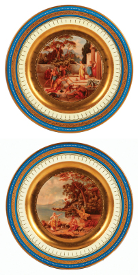 Six porcelain plates, 10.1” d., transfer and hand–painted, marked with beehive, Royal Vienna, Odysseus and Kirke, Odysseus and Nausikao, Odysseus and Hermes, Odysseus and Kyklope, Odysseus and Telemachos, Odysseus and Kalypso, a little gold wear, otherwis - 2