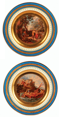 Six porcelain plates, 10.1” d., transfer and hand–painted, marked with beehive, Royal Vienna, Odysseus and Kirke, Odysseus and Nausikao, Odysseus and Hermes, Odysseus and Kyklope, Odysseus and Telemachos, Odysseus and Kalypso, a little gold wear, otherwis - 3