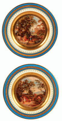 Six porcelain plates, 10.1” d., transfer and hand–painted, marked with beehive, Royal Vienna, Odysseus and Kirke, Odysseus and Nausikao, Odysseus and Hermes, Odysseus and Kyklope, Odysseus and Telemachos, Odysseus and Kalypso, a little gold wear, otherwis - 4