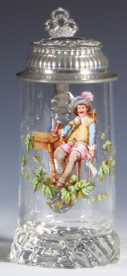 Glass stein, .5L, blown, transfer & hand-painted, pewter lid, mint.