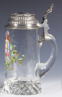 Glass stein, .5L, blown, transfer & hand-painted, pewter lid, mint. - 2