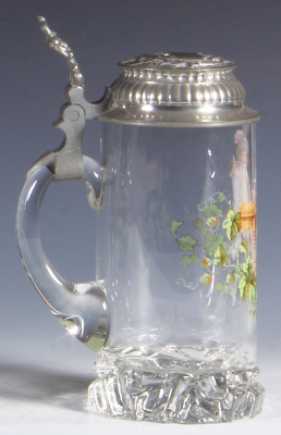 Glass stein, .5L, blown, transfer & hand-painted, pewter lid, mint. - 3