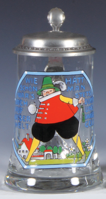 Glass stein, .5L, blown, transfer & hand-painted, signed F. Ringer, pewter lid, mint.