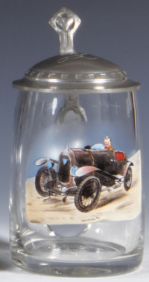 Glass stein, .5L, blown, enameled, Automobile, pewter lid, mint. 