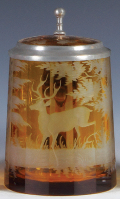Glass stein, .5L, blown, clear, yellow flashed, faceted, engraved stag in forest, matching glass inlaid lid, mint.