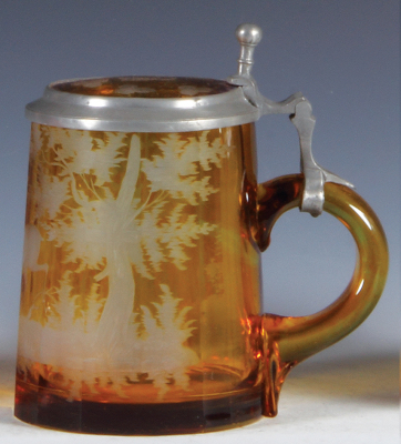 Glass stein, .5L, blown, clear, yellow flashed, faceted, engraved stag in forest, matching glass inlaid lid, mint. - 2