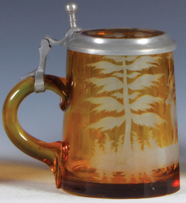 Glass stein, .5L, blown, clear, yellow flashed, faceted, engraved stag in forest, matching glass inlaid lid, mint. - 3