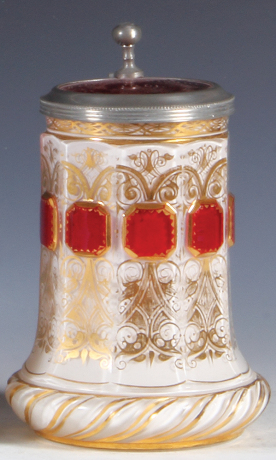 Glass stein, .5L, blown, clear, mid 1800s, white cased interior, red handle, wheel-cut, red glass inlaid lid dated 1861, a little gold wear, otherwise mint.