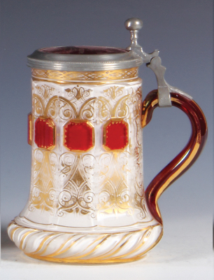 Glass stein, .5L, blown, clear, mid 1800s, white cased interior, red handle, wheel-cut, red glass inlaid lid dated 1861, a little gold wear, otherwise mint. - 2