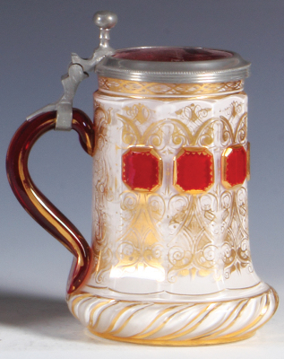 Glass stein, .5L, blown, clear, mid 1800s, white cased interior, red handle, wheel-cut, red glass inlaid lid dated 1861, a little gold wear, otherwise mint. - 3