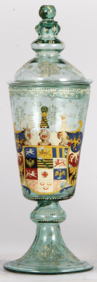 Glass pokal, 13.2" ht., blown, light green, hand-painted, coat-of-arms, late 1800, set-on glass lid, a little wear, otherwise mint.