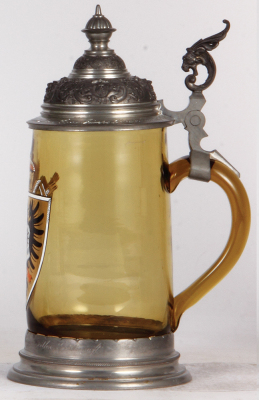 Glass stein, 1.0L, blown, amber, hand-painted, pewter lid & footring, mint.  - 2