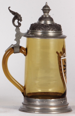 Glass stein, 1.0L, blown, amber, hand-painted, pewter lid & footring, mint.  - 3
