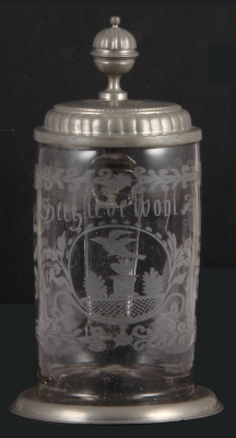Glass stein, 1.0L, 9.4" ht., blown, clear, wheel-engraved, memorial scene, pewter lid & footring, pewter touch marks, lid dated 1807, mint.