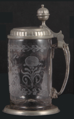 Glass stein, 1.0L, 9.4" ht., blown, clear, wheel-engraved, memorial scene, pewter lid & footring, pewter touch marks, lid dated 1807, mint. - 2