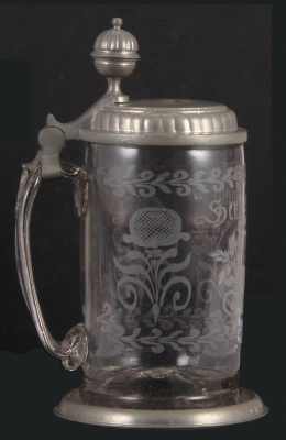 Glass stein, 1.0L, 9.4" ht., blown, clear, wheel-engraved, memorial scene, pewter lid & footring, pewter touch marks, lid dated 1807, mint. - 3