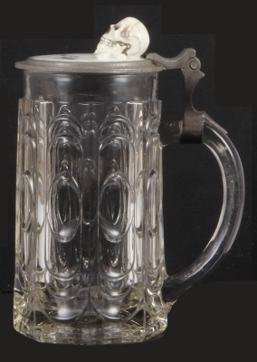 Glass stein, .5L, mold blown, clear, porcelain inlaid lid, skull with crossed bones, Bier ist Gift!, 's wird fortgesoffen! on underside, excellent pewter repair, otherwise mint. - 2