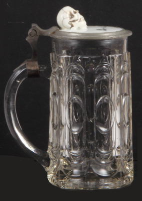 Glass stein, .5L, mold blown, clear, porcelain inlaid lid, skull with crossed bones, Bier ist Gift!, 's wird fortgesoffen! on underside, excellent pewter repair, otherwise mint. - 3