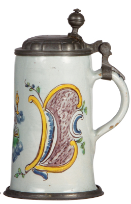 Faience stein, 9.0" ht., late 1700s, possibly Salzburger Walzenkrug, pewter lid & footring, small glaze flakes on handle, small pewter tear. - 2