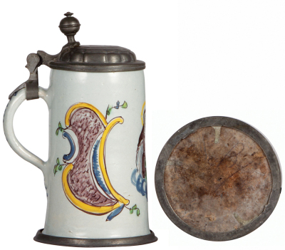 Faience stein, 9.0" ht., late 1700s, possibly Salzburger Walzenkrug, pewter lid & footring, small glaze flakes on handle, small pewter tear. - 3