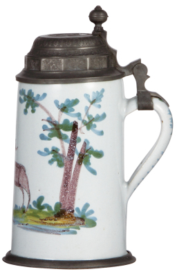 Faience stein, 9.4" ht., early 1800s, Schrezheimer Walzenkrug, pewter lid & footring, excellent condition. - 2