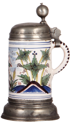 Faience stein, 10.8'' ht., mid 1700s, Walzenkrug, pewter lid & footring, lid dated 1742, pewter tear repaired & some roughness on lid, very good repair of handle cracks. - 2