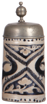 Stoneware stein, 8.7" ht., late 1700s, Westerwälder Walzenkrug, incised design with large birds, blue saltglaze, pewter lid dated 1824, very good condition.