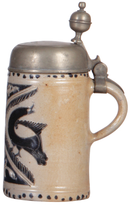 Stoneware stein, 8.7" ht., late 1700s, Westerwälder Walzenkrug, incised design with large birds, blue saltglaze, pewter lid dated 1824, very good condition. - 2