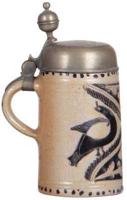 Stoneware stein, 8.7" ht., late 1700s, Westerwälder Walzenkrug, incised design with large birds, blue saltglaze, pewter lid dated 1824, very good condition. - 3