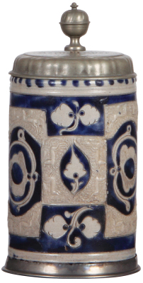 Stoneware stein, 8.0" ht., mid 1700s, Westerwälder Walzenkrug, incised & applied relief, blue saltglaze, pewter lid & footring, lid inscription 1814, very good condition.
