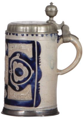 Stoneware stein, 8.0" ht., mid 1700s, Westerwälder Walzenkrug, incised & applied relief, blue saltglaze, pewter lid & footring, lid inscription 1814, very good condition. - 2