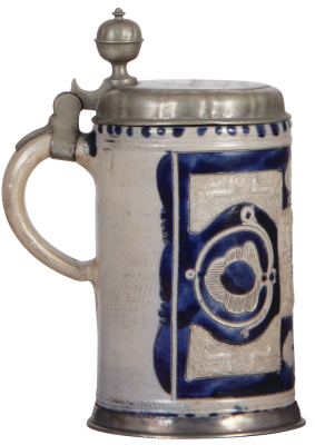 Stoneware stein, 8.0" ht., mid 1700s, Westerwälder Walzenkrug, incised & applied relief, blue saltglaze, pewter lid & footring, lid inscription 1814, very good condition. - 3
