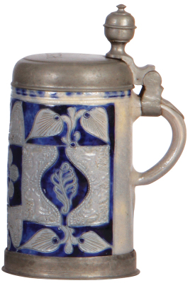 Stoneware stein, 7.9" ht., mid 1700s, Westerwälder Walzenkrug, incised & relief design with small horses, blue saltglaze, pewter lid & footring, very good condition. - 2