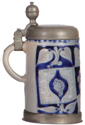 Stoneware stein, 7.9" ht., mid 1700s, Westerwälder Walzenkrug, incised & relief design with small horses, blue saltglaze, pewter lid & footring, very good condition. - 3