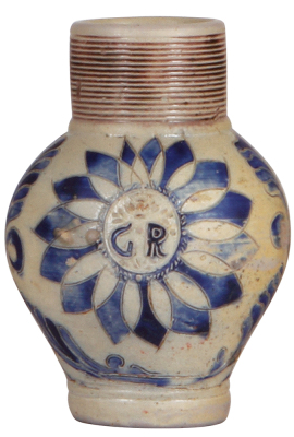 Stoneware jug, 5.5'' ht., mid 1700s, Westerwälder Kugelkrug, incised & relief, blue & purple saltglazes, GR, very good repair of chips.