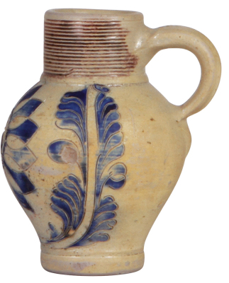 Stoneware jug, 5.5'' ht., mid 1700s, Westerwälder Kugelkrug, incised & relief, blue & purple saltglazes, GR, very good repair of chips. - 2