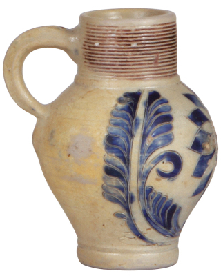 Stoneware jug, 5.5'' ht., mid 1700s, Westerwälder Kugelkrug, incised & relief, blue & purple saltglazes, GR, very good repair of chips. - 3